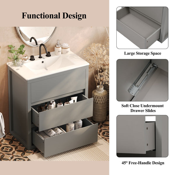 English Elm Christopher Knight Home® - 60" Double Sinks Bathroom Vanity Set with Two Ceramic Basins, Soft-Close Drawers, Sleek Handle-Free Design Gray N817P280550G