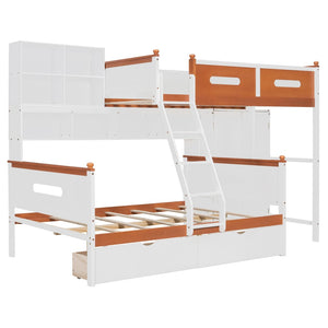 English Elm Twin Over Full Wooden Bunk Bed With Stylish Storage, Led Light, Drawers, And Wardrobe In White & Orange N820S00063K-GIGA