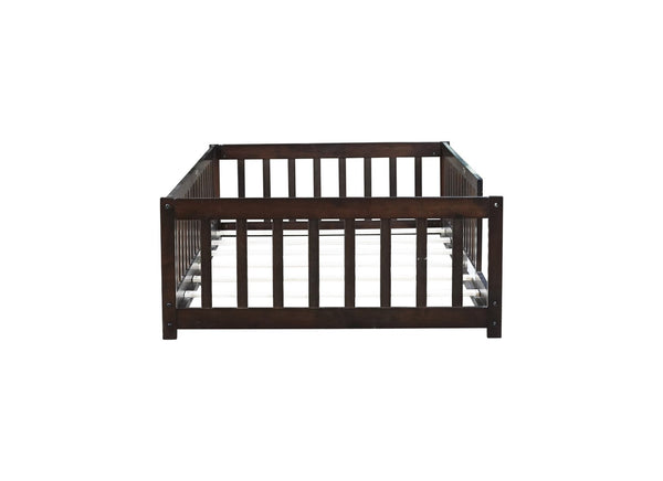 English Elm Twin Low Profile Rubberwood Floor Bed with Full Safety Fence for Toddler Rooms Espresso W504P429337