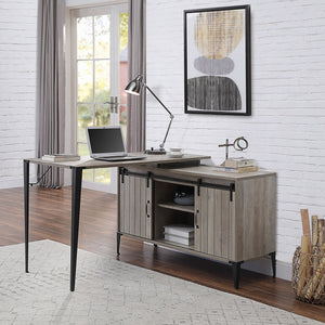English Elm Grey Oak Spacious Writing Desk with Sliding Barn Door, Black Metal Legs, Cord Management, Storage B062P209219
