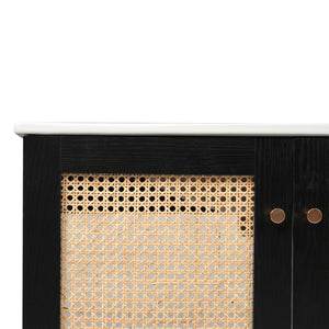 English Elm 30-inch bathroom vanity with handwoven rattan doors, ceramic sink, soft-close hinges, black bamboo elegance N729P285517B
