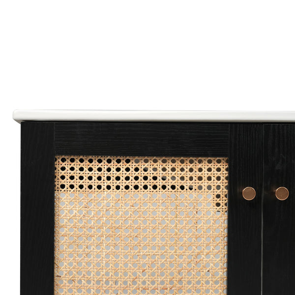 English Elm 30-inch bathroom vanity with handwoven rattan doors, ceramic sink, soft-close hinges, black bamboo elegance N729P285517B