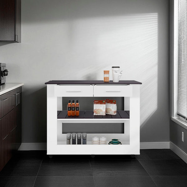 English Elm Kitchen Island with Open Shelving and Cabinet Storage for Modern Farmhouse Prep Spaces B128P436977