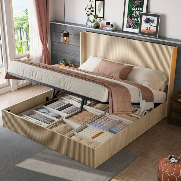 English Elm (queen) Walnut Platform Storage Bed Hydraulic Lift Mdf Frame Wooden Slat Base W1858S00007