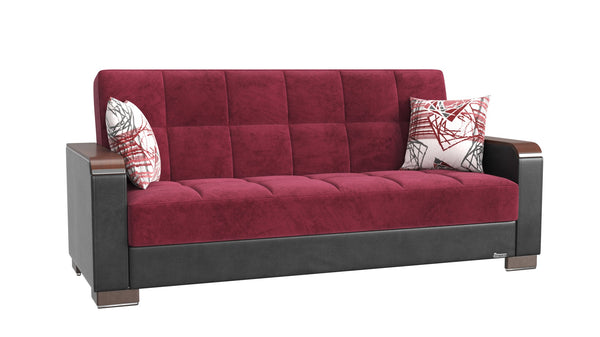 English Elm PrimeNest ZenAero Upholstered Wood Trim Convertible Sofabed with Storage, Click-Click Sleeper Comfort Burgundy B030P286537