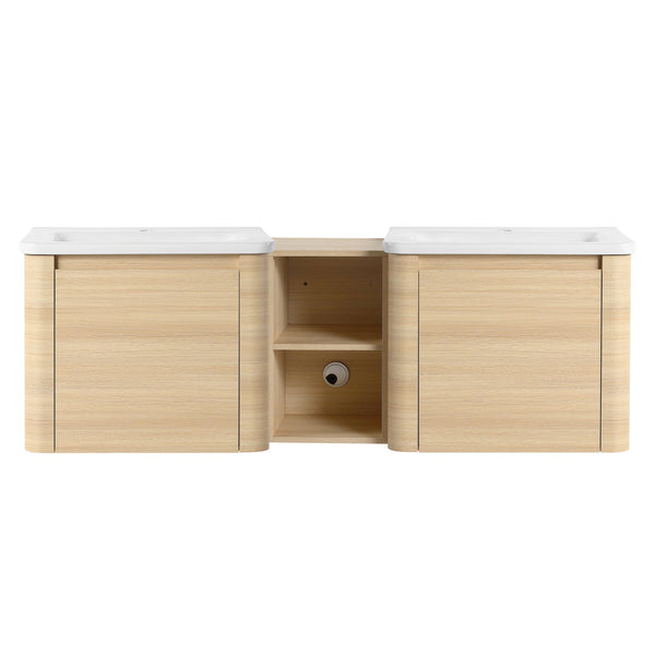 English Elm 60'' Wall-Mounted Bathroom Vanity With Elegant White Sink, Soft-Close Doors & Ample Storage Shelves W999S00483