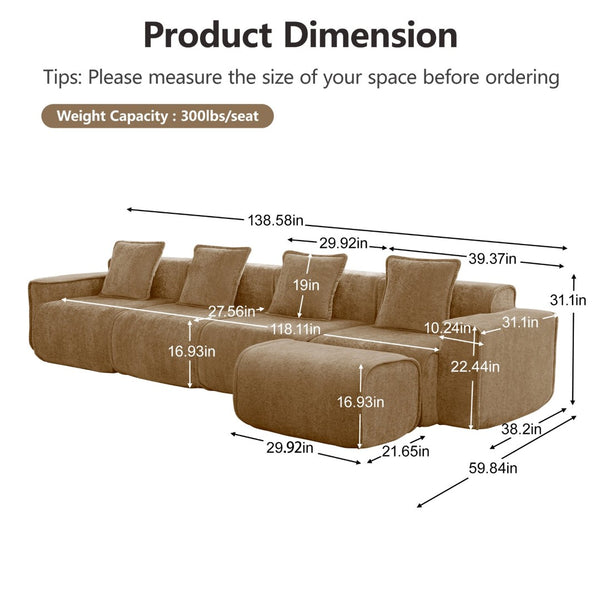 English Elm Streamlined Modular L-shaped Sectional Velvet Sofa with Ottoman and Tailored Piping Detail Brown W3041S00376