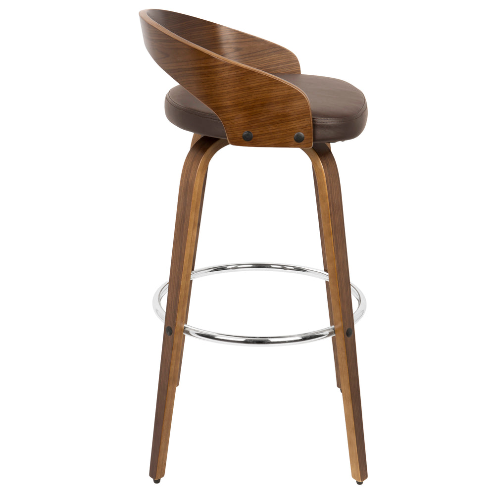 English Elm Grotto Mid-Century Barstool with Swivel and Faux Leather Seat, Chrome Footrest, Set of 2 Elegance Brown B202S00590