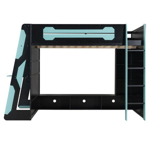 English Elm Full Size Wood Loft Bed with Rgb Lighting Desk Storage and Gaming Console Shelf Blue LT000260AAC