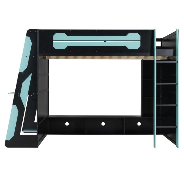 English Elm Full Size Wood Loft Bed with Rgb Lighting Desk Storage and Gaming Console Shelf Blue LT000260AAC