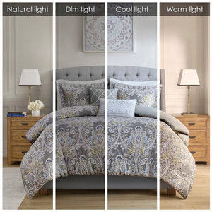 English Elm 5 Piece Cotton Duvet Cover Set Hallie Grey Damask Full/Queen — Cotton Sateen, OEKO-TEX, Embroidered Pillows B035129118