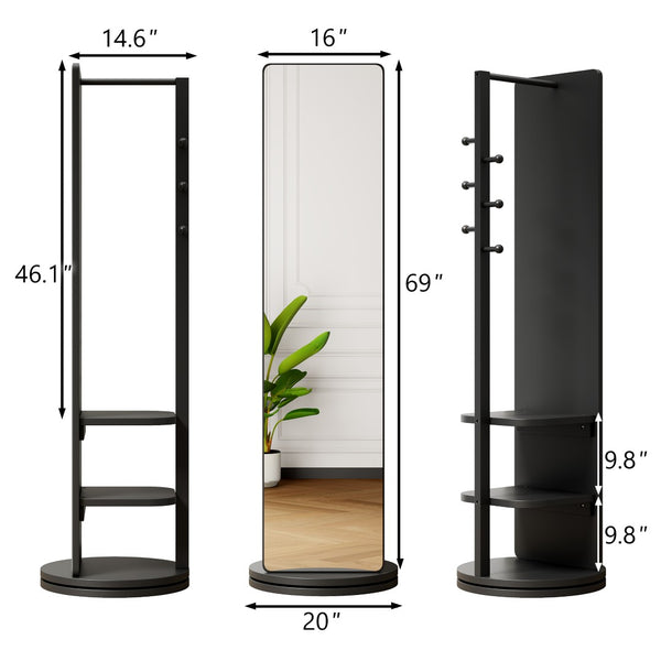 English Elm 360° Swivel Full Length Mirror with Coat Hooks Solid Rubberwood Frame Bedroom Entryway W2987P225480