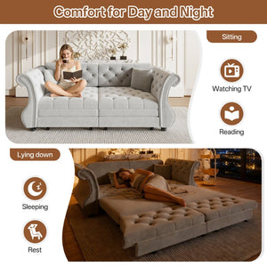 English Elm 83.8" Chesterfield Sleeper Sofa Velvet Upholstered with Flower Tufting for Living Room Light Grey W1885S00401