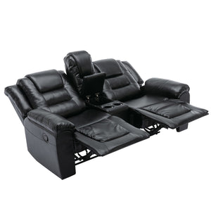 English Elm Home Theater Recliner Set Manual recliner with wide armrests, dual cup holders, durable PU upholstery, sturdy iron frame and foam comfort for living room and bedroom relaxation Black SG001460AAB