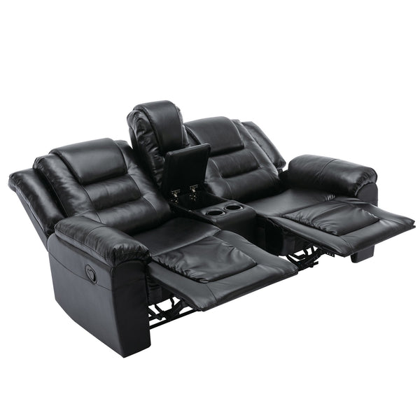 English Elm Home Theater Recliner Set Manual recliner with wide armrests, dual cup holders, durable PU upholstery, sturdy iron frame and foam comfort for living room and bedroom relaxation Black SG001460AAB
