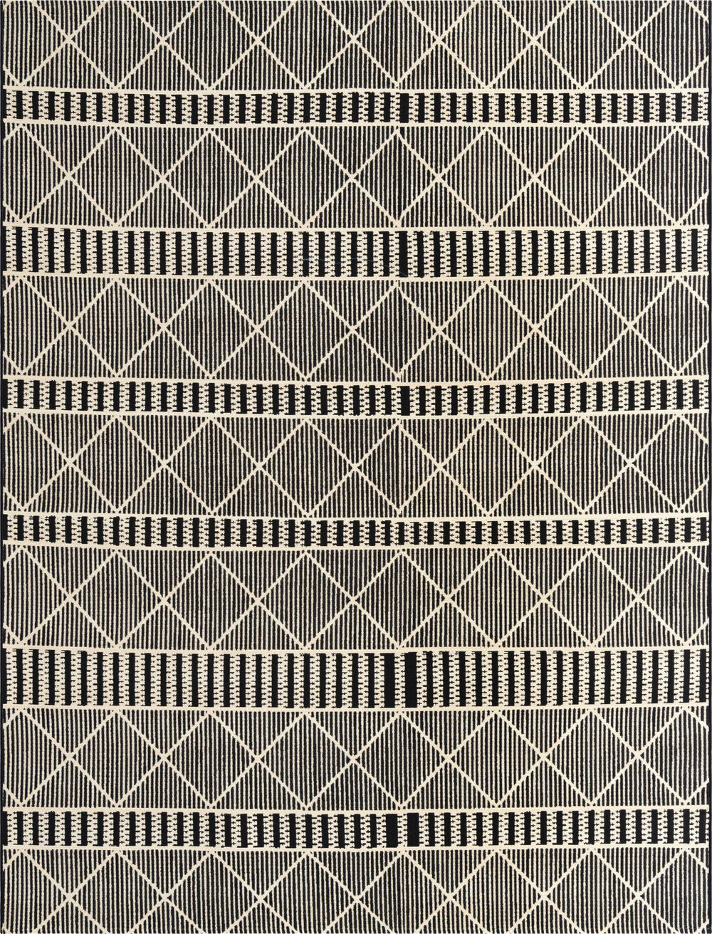 Unique Loom Outdoor Trellis Dalyan Machine Made Striped Rug Black, Natural 7' 10" x 10' 0"