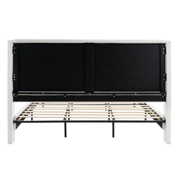 English Elm King Upholstered Bed Frame with Tall Bouclé Headboard, Solid Wood Feet, 12-Slat Support, 1000lb Capacity White 81.3 L x 31.5 W x 8.27 H W1716P335678