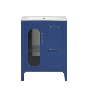 English Elm 24" Modern Bathroom Vanity with Ceramic Sink, Solid Wood & MDF Cabinet, Two Drawers, Shelf Blue N725P245273C