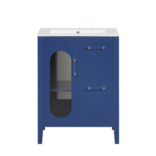 English Elm 24" Modern Bathroom Vanity with Ceramic Sink, Solid Wood & MDF Cabinet, Two Drawers, Shelf Blue N725P245273C
