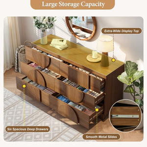English Elm Modern Fluted 6 Drawer Dresser with Solid Wood Legs Japandi Chest for Bedroom Brown N739S0000013N