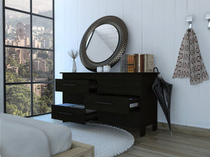 English Elm Luxor Six Drawer Double Dresser Black - Modern Minimalist Particle Board, Sturdy Legs & Metal Gliders B128S00101