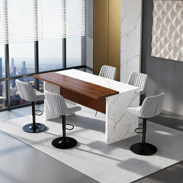English Elm 63" Modern Kitchen Island with Black Marble-Look Surface, LED Ambient Lighting & Grille Accent White+Walnut W2699P365916