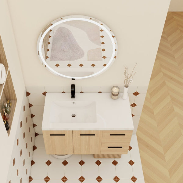 English Elm 36" Floating Bathroom Vanity Light Oak Finish Modular Cabinet with Gel Coat Sink Top W3450S00078