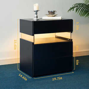 English Elm Led Nightstand with Rgb Acrylic Glow Panel Three Drawers Walnut Bedroom Table Black W2178P412306