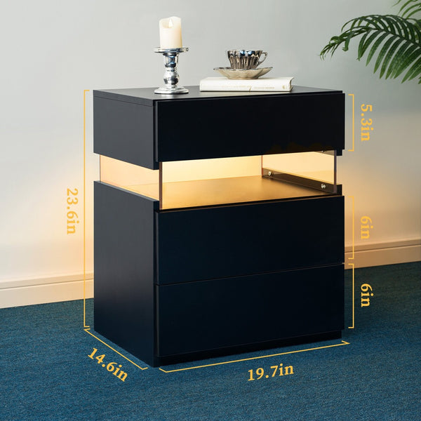 English Elm Led Nightstand with Rgb Acrylic Glow Panel Three Drawers Walnut Bedroom Table Black W2178P412306