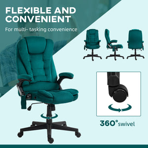 English Elm Homcom 6 Point Vibrating Massage Office Chair With Heat, Velvet High Back Executive Office Chair With Reclining Backrest, Padded Armrests and Remote, Dark Green