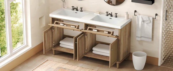 English Elm Christopher Knight Home® - 60 Inch Bathroom Vanity with Double Sinks SMC, Rattan Doors, Soft-Close Drawers, Stable Pine Legs Wood N817P296140N