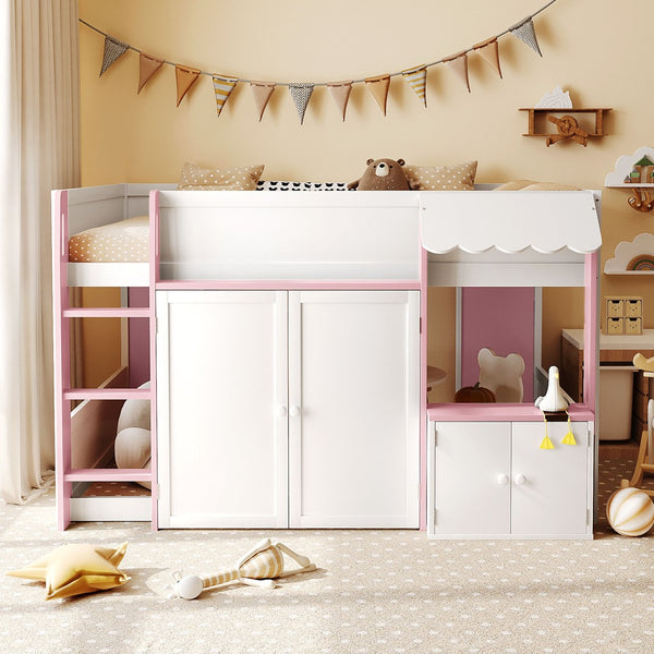 English Elm Twin House Loft Bed with Pull Out Rolling Desk Stair Drawers and Cabinet Storage N820S00074H