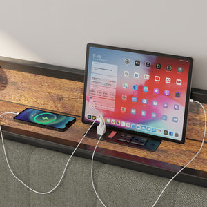 English Elm Full Size Metal Bed Frame with USB Charging Headboard, Upholstered Gray, Sturdy Platform, 10.4" Storage Clearance W1960P162718