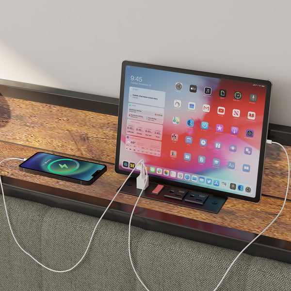 English Elm Full Size Metal Bed Frame with USB Charging Headboard, Upholstered Gray, Sturdy Platform, 10.4" Storage Clearance W1960P162718