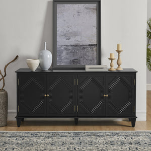 English Elm 65.2" Mid Century Sideboard Buffet with Fluted Geometric Doors, Spacious Adjustable Shelves & Brass Accents Black W1801P346229