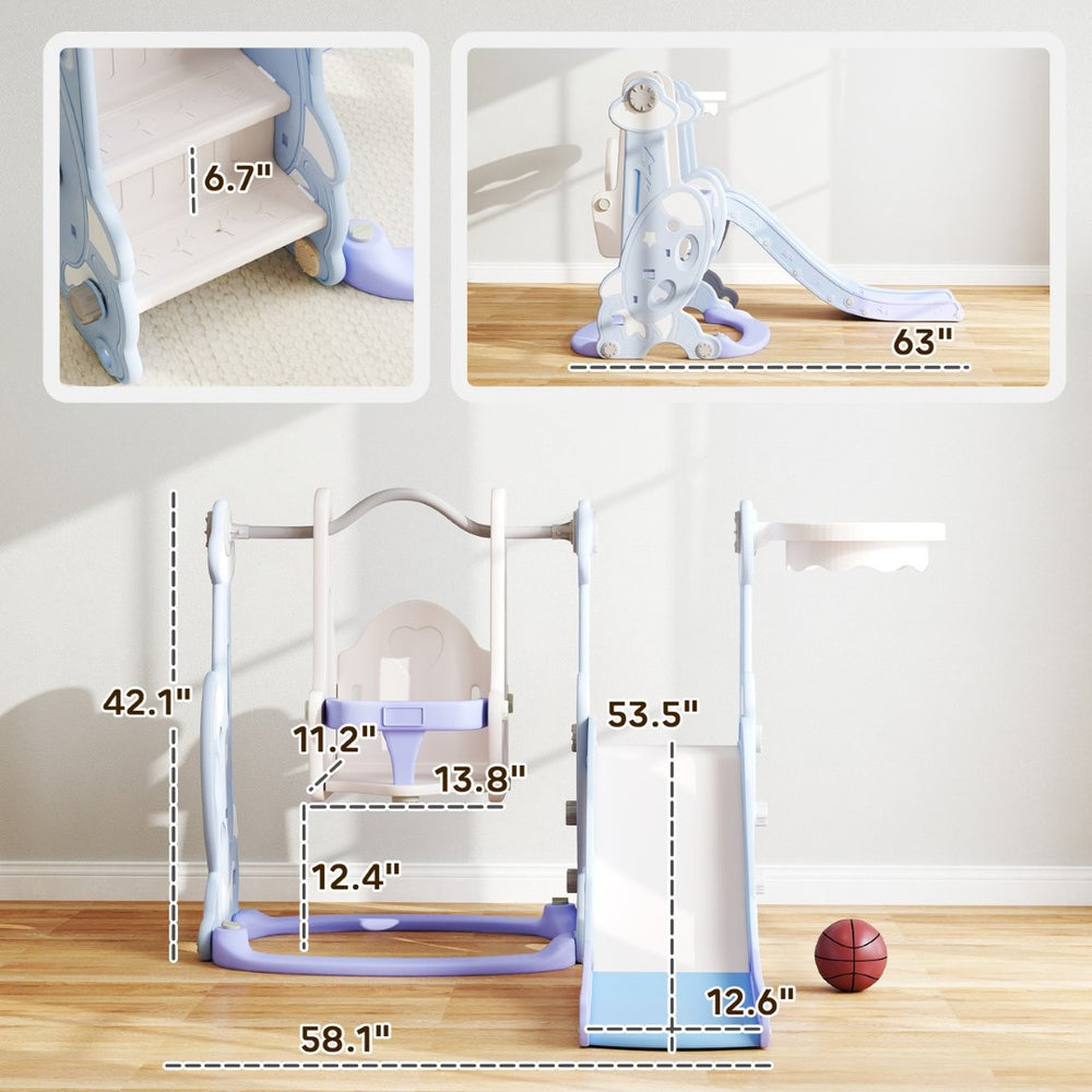 English Elm Kids Rocket Themed 4 in 1 Indoor Play Set with Slide Swing Climber and Basketball Light Blue T3971P439459