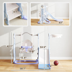 English Elm Kids Rocket Themed 4 in 1 Indoor Play Set with Slide Swing Climber and Basketball Light Blue T3971P439459