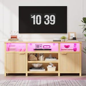English Elm Highboy Media Console with Led Lighting Fluted Panels and Storage for Living Room T3773P416497