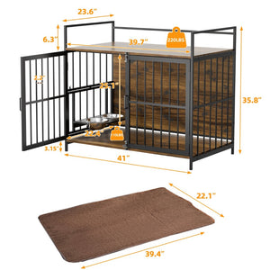 English Elm Dog Kennel Furniture Console with Rotating Feeder Bowls Steel Frame Brown Finish W3190P350230