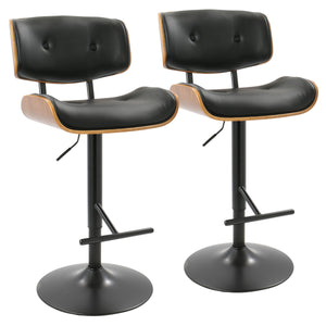 English Elm Lombardi Mid-Century Modern Adjustable Barstool with Swivel, Walnut Back and Tufted Faux Leather Seats (Set of 2) Black B202S00949