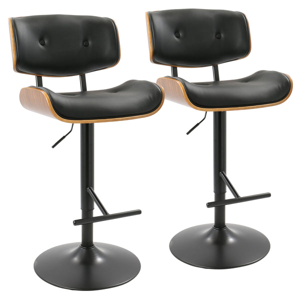 English Elm Lombardi Mid-Century Modern Adjustable Barstool with Swivel, Walnut Back and Tufted Faux Leather Seats (Set of 2) Black B202S00949