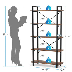 English Elm Open Five Tier Industrial Bookshelf with Steel Frame and Warm Brown Wood Finish T3971P458278