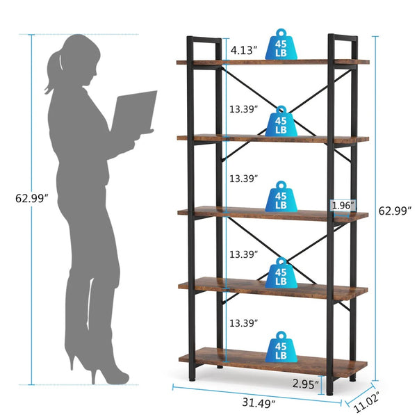 English Elm Open Five Tier Industrial Bookshelf with Steel Frame and Warm Brown Wood Finish T3971P458278