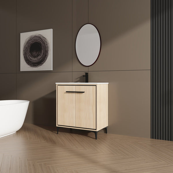English Elm 30 Inch Oak Bathroom Vanity Base with Basin, Engineered Wood Double-Door Cabinet, Modern Storage W1972S00004