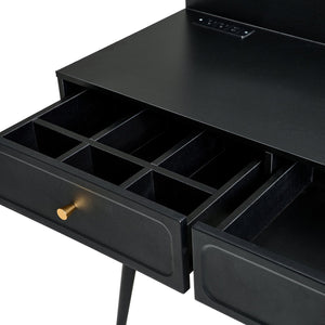 English Elm Modern Makeup Vanity Desk with LED 3-Color Mirror, Built-In Power Station, Sliding Cabinet, Stool Black N844P288432B