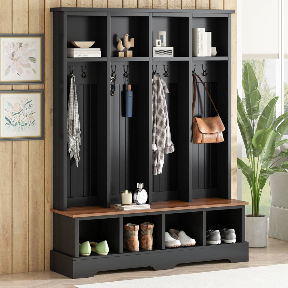 English Elm Farmhouse Hall Tree with Triple Arch Back Panel Eight Hooks Drawers and Entryway Bench Black N721S000075B