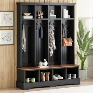 English Elm Farmhouse Hall Tree with Triple Arch Back Panel Eight Hooks Drawers and Entryway Bench Black N721S000075B