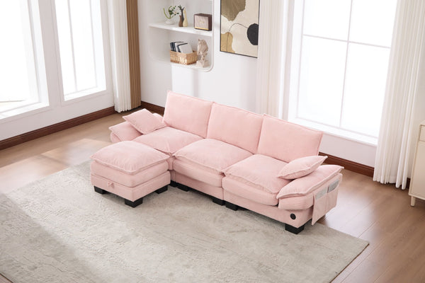 English Elm Sectional Cloud Sofa Modular Deep Seat Corduroy Upholstered Living Room Couch with Storage Pink W395S00131