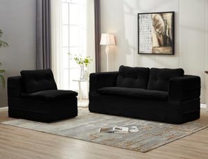 English Elm Multi Functional Sectional Sofa Bed Plush Corduroy Convertible 80" King Sleeper with Chaise, Deep Fluff Black W3219P339469