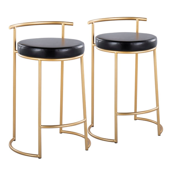 English Elm Round Fuji 26" Counter Stools Set Of 2 - Glamorous Gold Metal Frame With Plush Black Faux Leather Seat B202P222105-GIGA